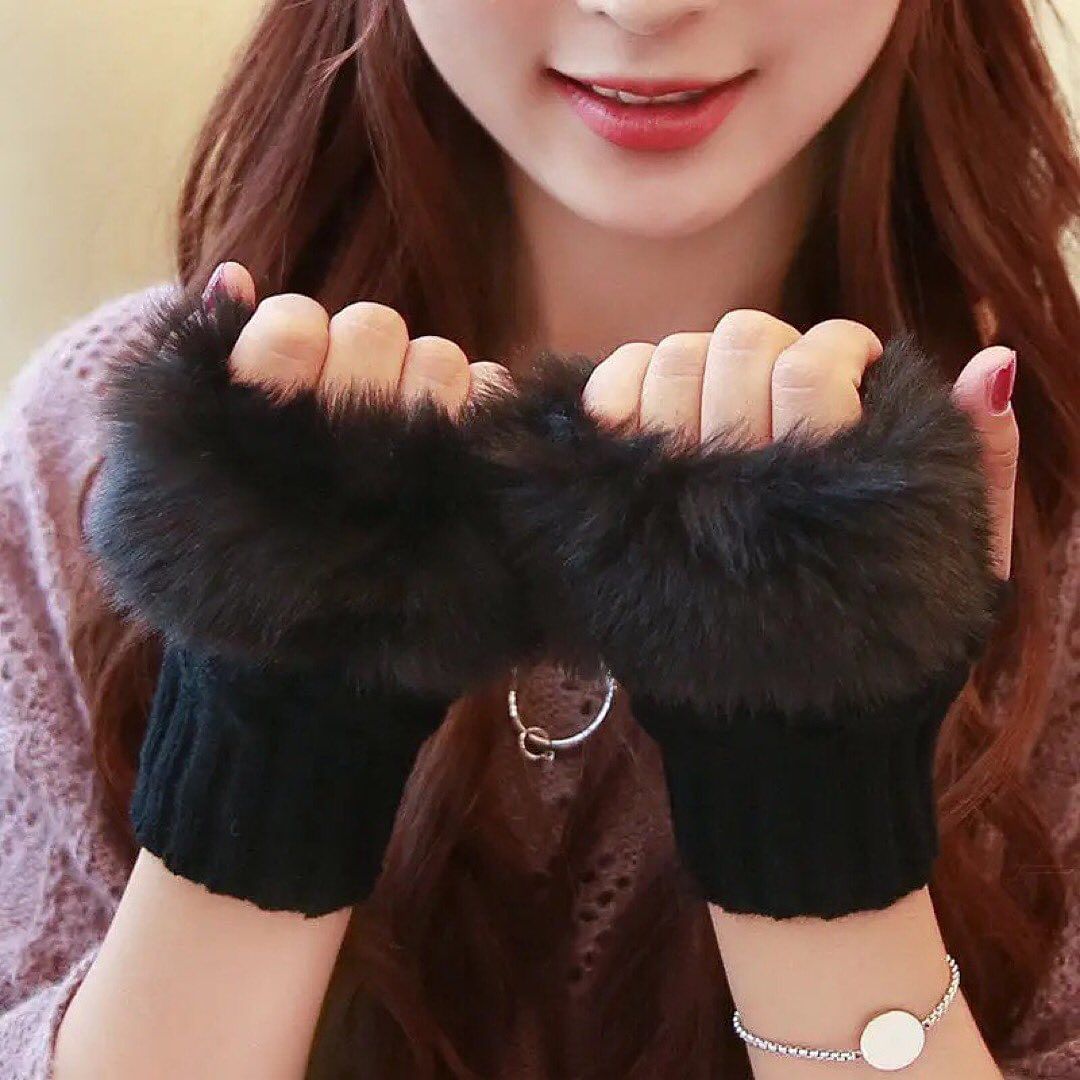 Warm Half Finger Faux Wool Soft Rabbit Furr Gloves