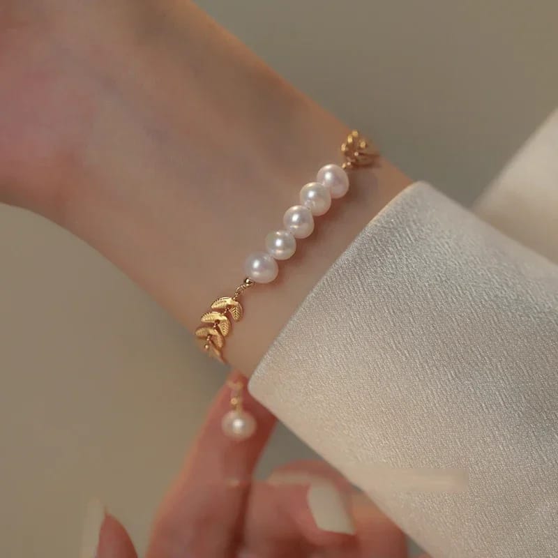 Pearl Leaf Shape Wheat Ear Bracelet Pearls Stainless steel Charm Bracelets
