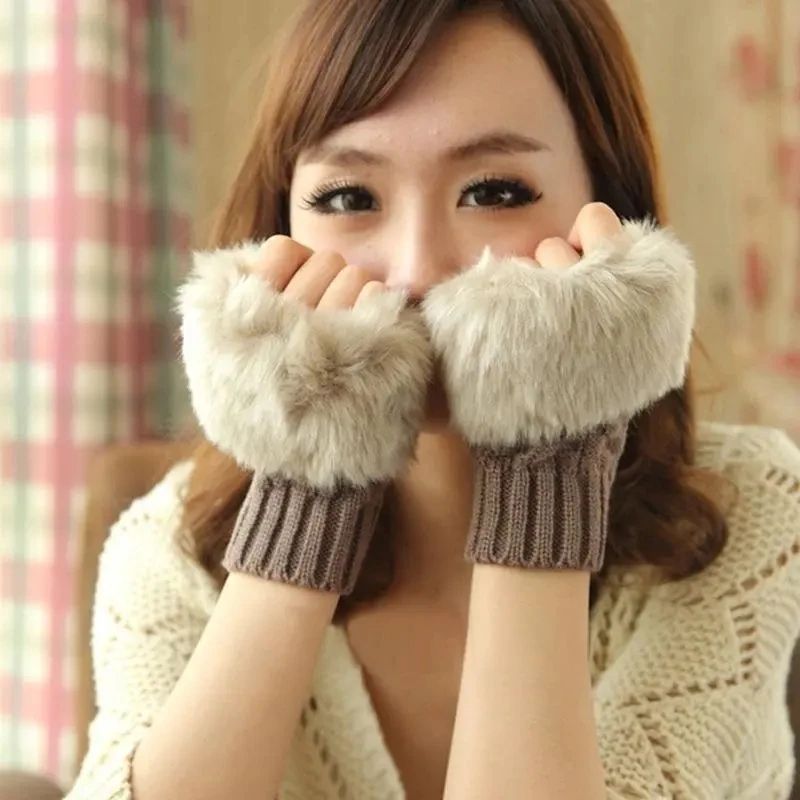 Furr Winter Warm Half Finger Faux Wool Soft Rabbit Gloves