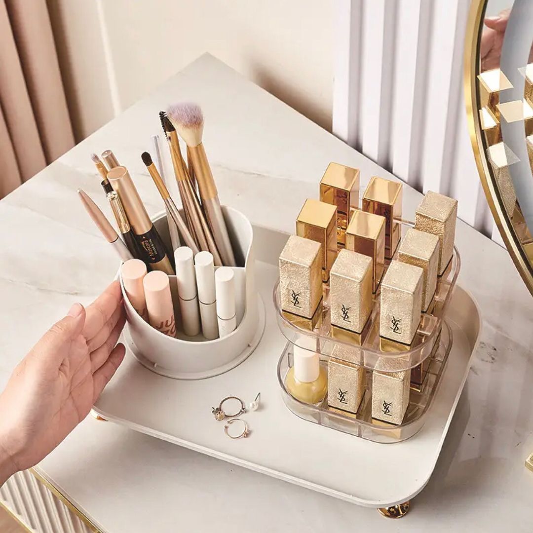 360 Rotating Makeup Brush & Lipstick Vanity Organizer