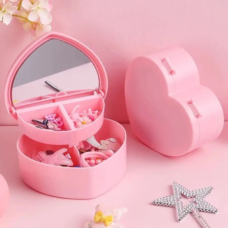 Heart-shaped Pink Girl Heart Jewelry Box with Mirror