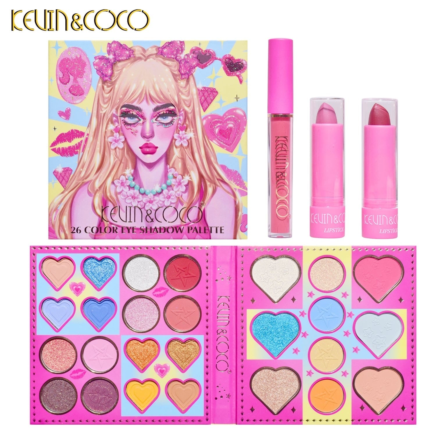 Kevin & Coco - 26 Color Barbie Matte & Shimmer Eyeshadow Palette with Lipstick & Gloss