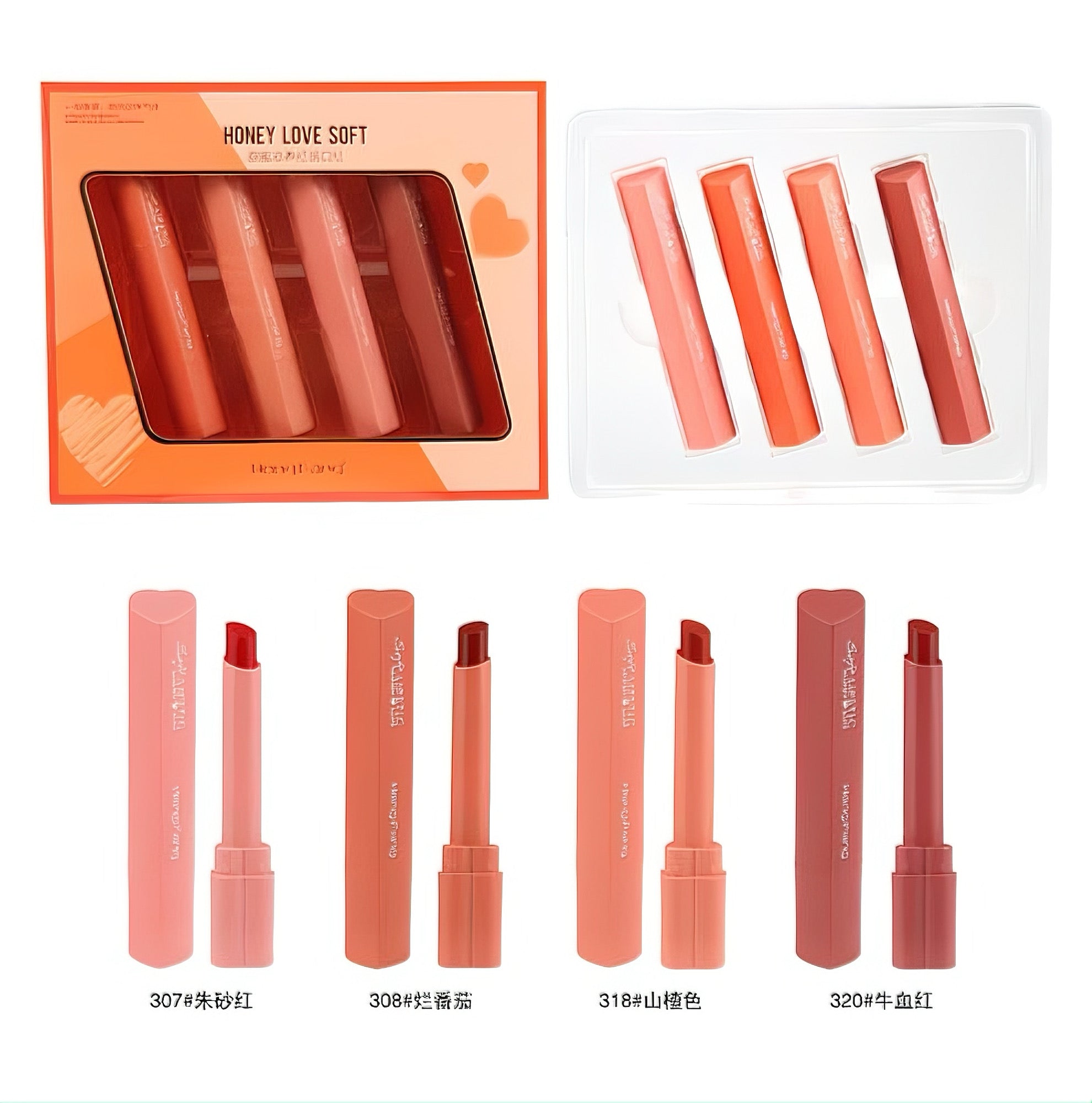 Heng Fang - 4 Color Heart Velvet Lipsticks Set