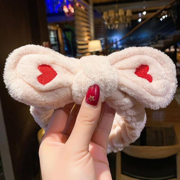 Soft Heart Fur Warm Hair Band Coral Fleece Bow Skin Care Band