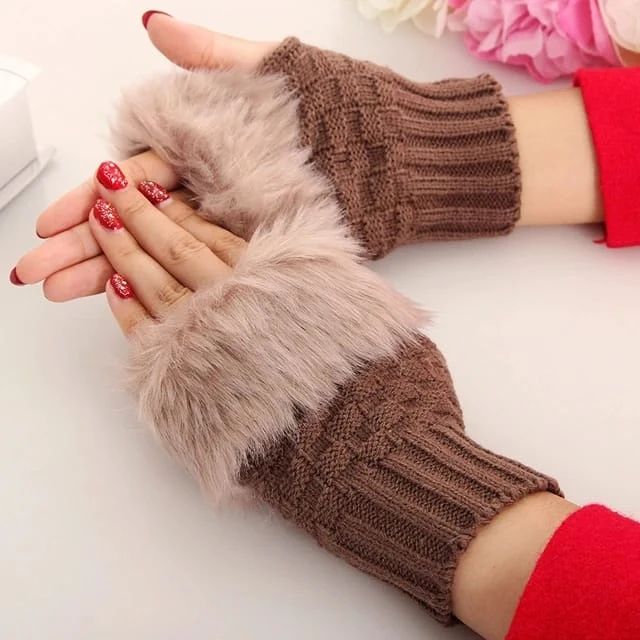 Furr Winter Warm Half Finger Faux Wool Soft Rabbit Gloves