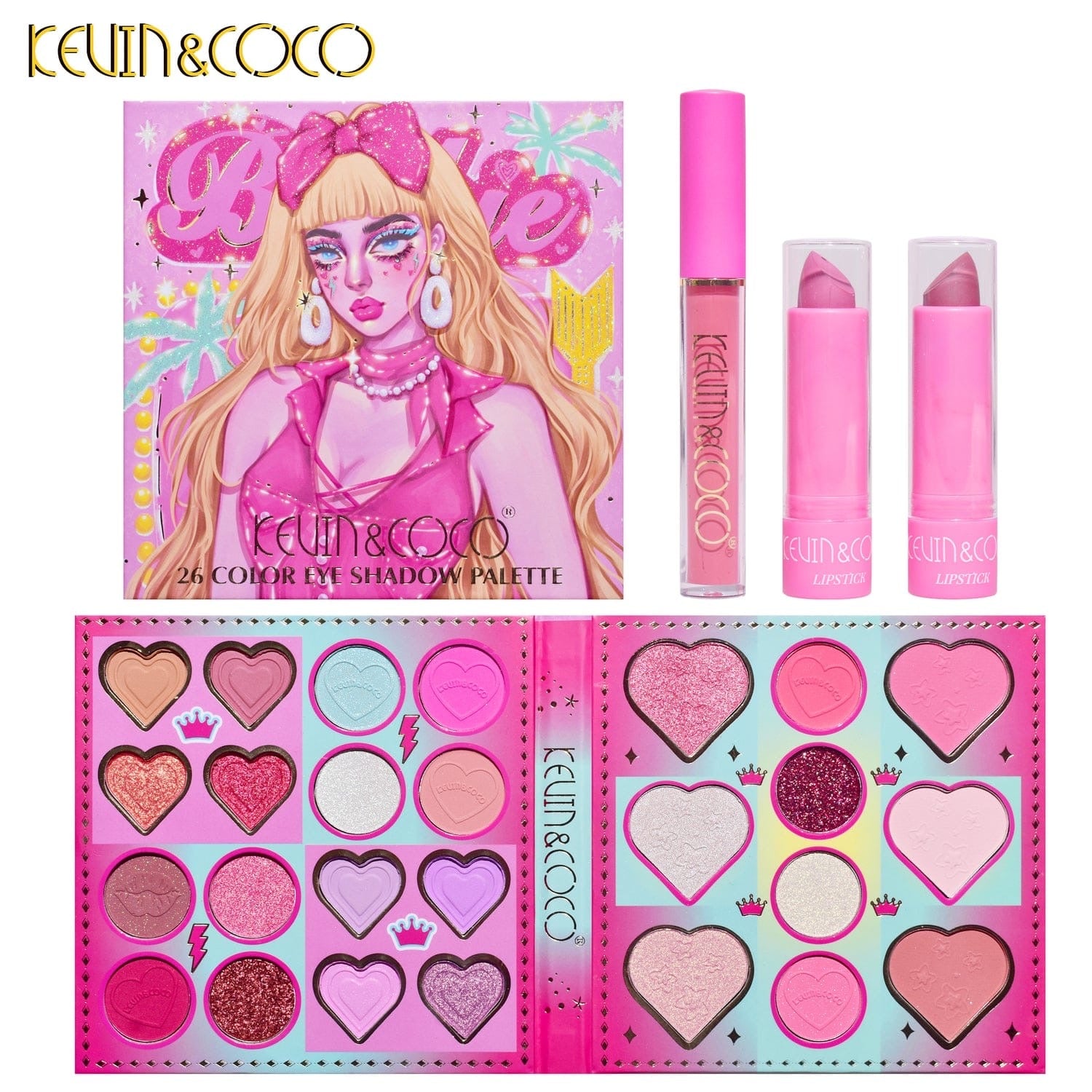 Kevin & Coco - 26 Color Barbie Matte & Shimmer Eyeshadow Palette with Lipstick & Gloss