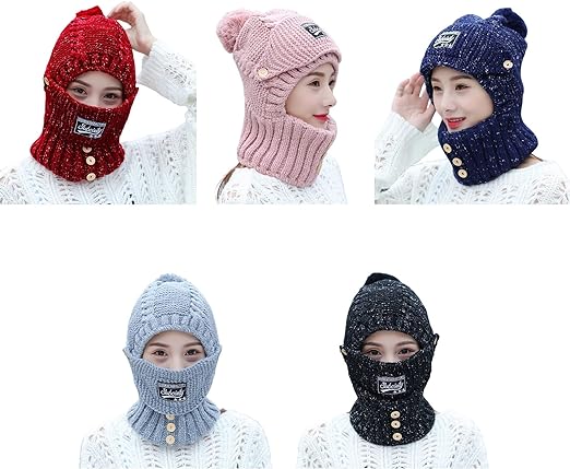 3 in 1 Knitted Hat Winter Warm Beanies Cold Protection Mouth Mask
