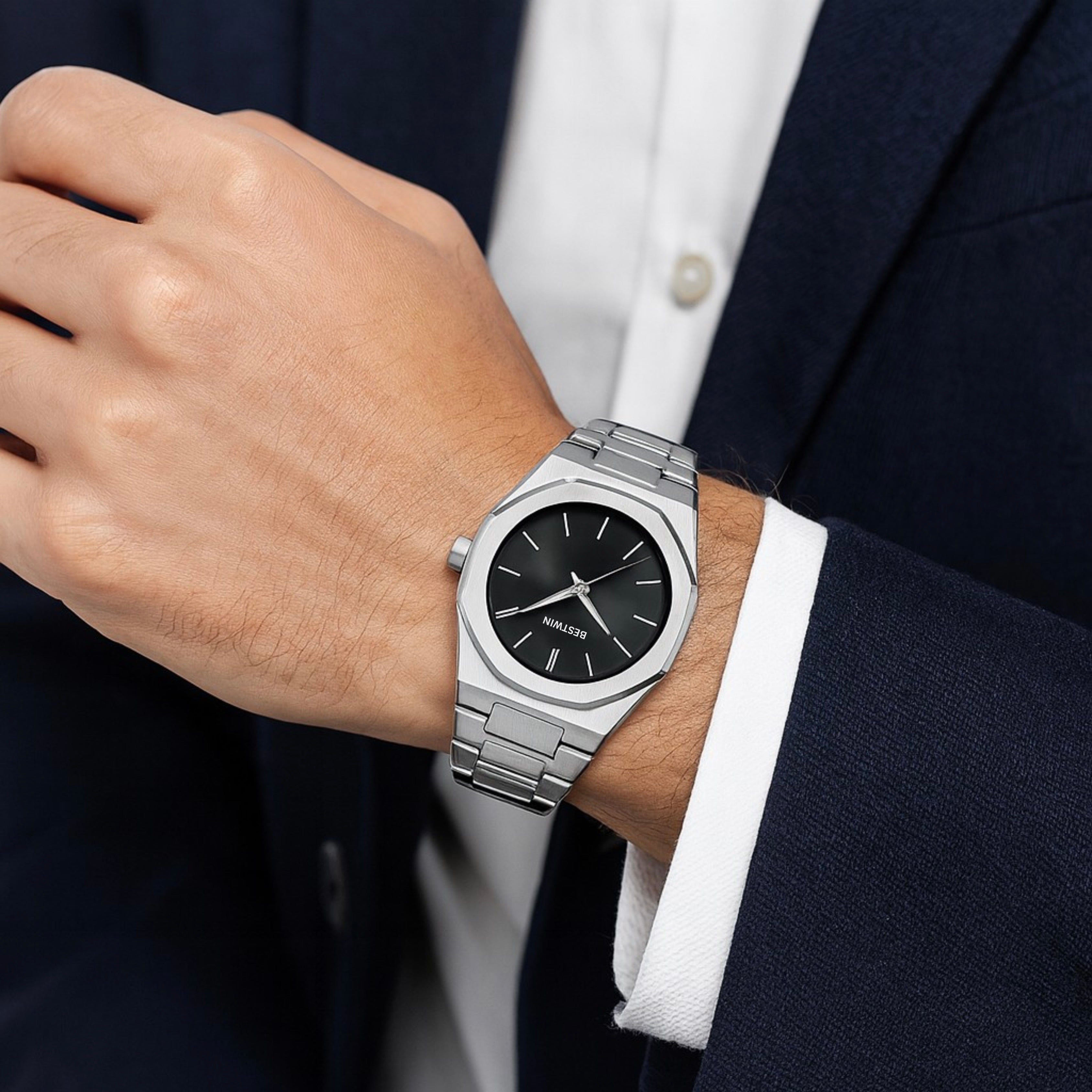 BESTWIN - Men's Stainless Steel Quartz Watch - Silver Black