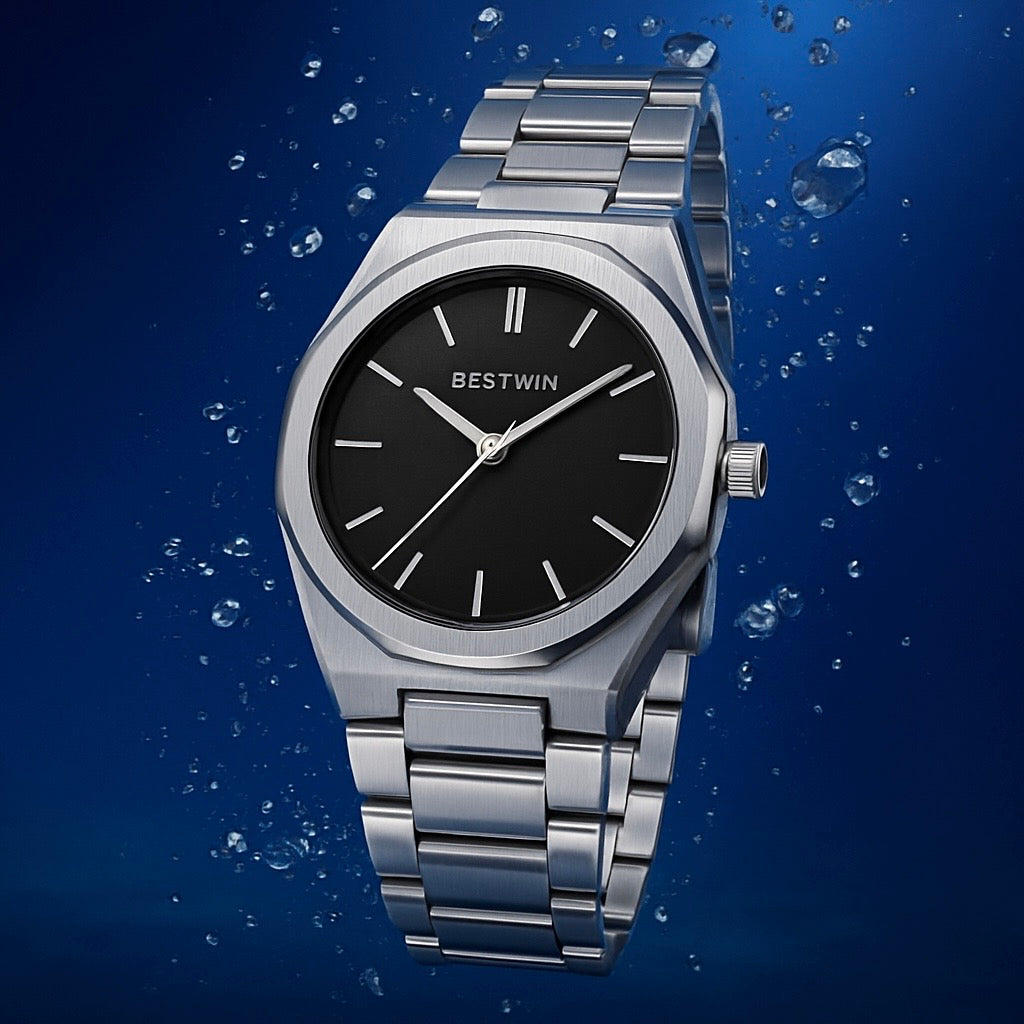 BESTWIN - Men's Stainless Steel Quartz Watch - Silver Black
