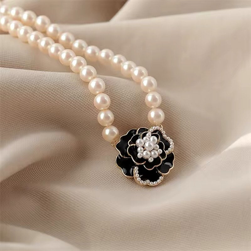 Elegant Camellia Flower Pearl Pendant Necklace