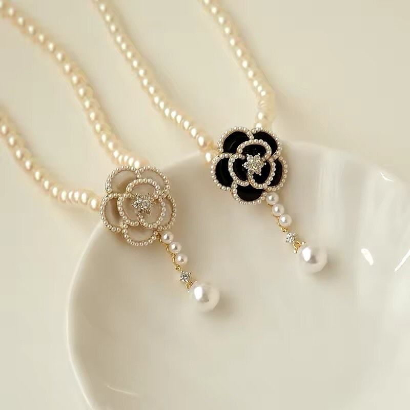 Elegant Camellia Flower Pearl Pendant Necklace