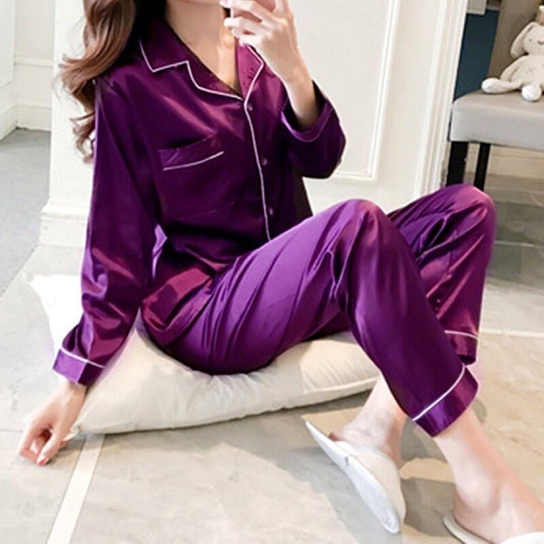 Silk Pijama Sets Sleepwear Long-Sleeve Ice Silk Night Suit