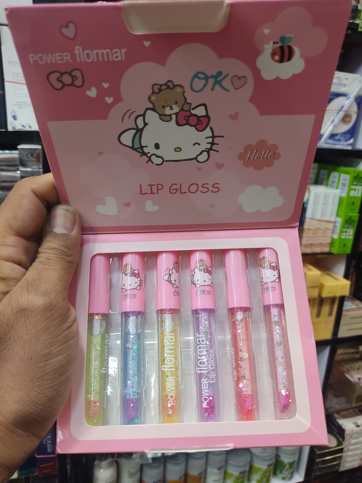 6pcs Hello Kitty Glitter Lip Gloss Pink Box