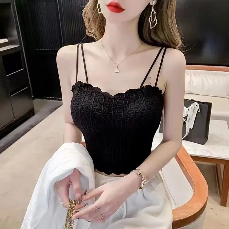 Ice Silk Camisole Padded Wave Neck Lace Traceless with Thin shoulder Strap