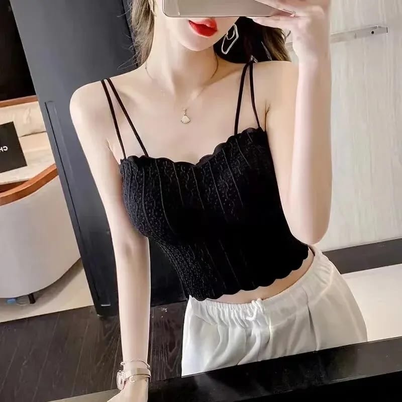 Ice Silk Camisole Padded Wave Neck Lace Traceless with Thin shoulder Strap