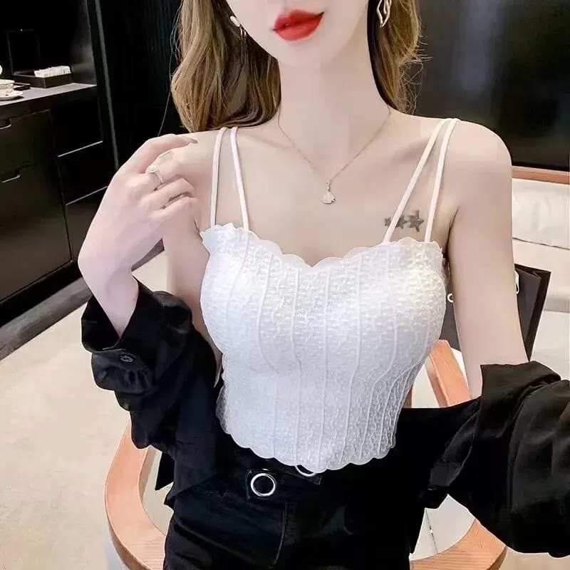 Ice Silk Camisole Padded Wave Neck Lace Traceless with Thin shoulder Strap