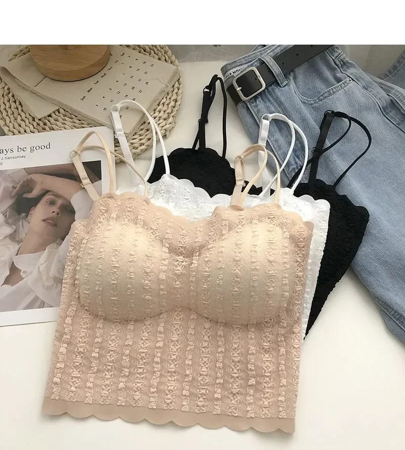 Ice Silk Camisole Padded Wave Neck Lace Traceless with Thin shoulder Strap