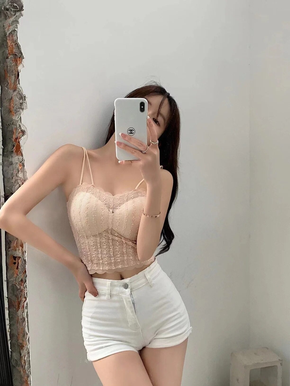 Ice Silk Camisole Padded Wave Neck Lace Traceless with Thin shoulder Strap