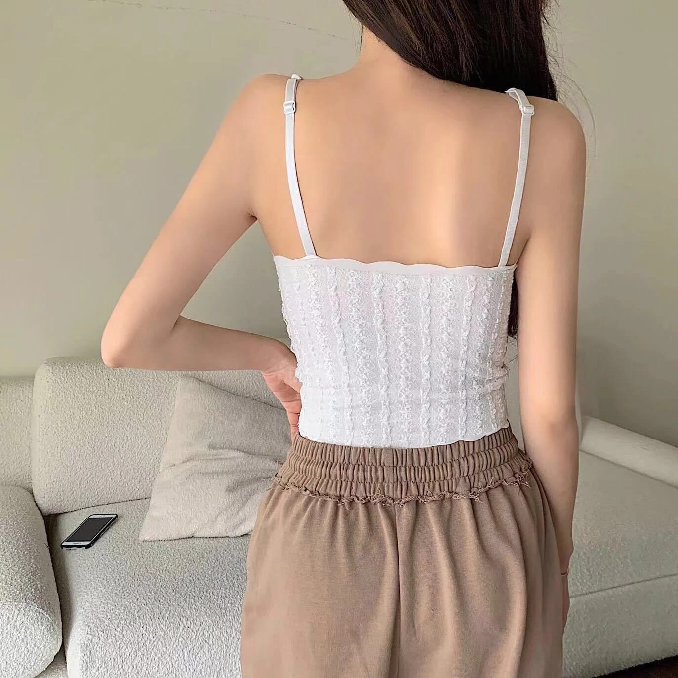 Ice Silk Camisole Padded Wave Neck Lace Traceless with Thin shoulder Strap