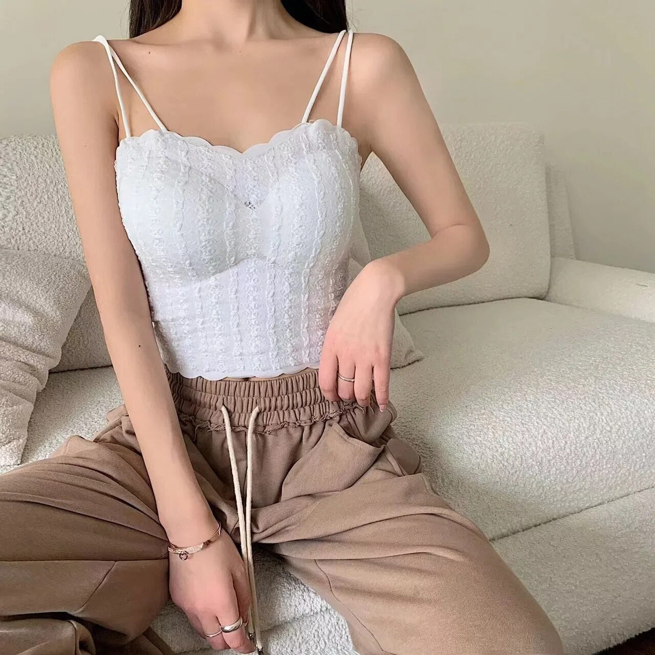Ice Silk Camisole Padded Wave Neck Lace Traceless with Thin shoulder Strap