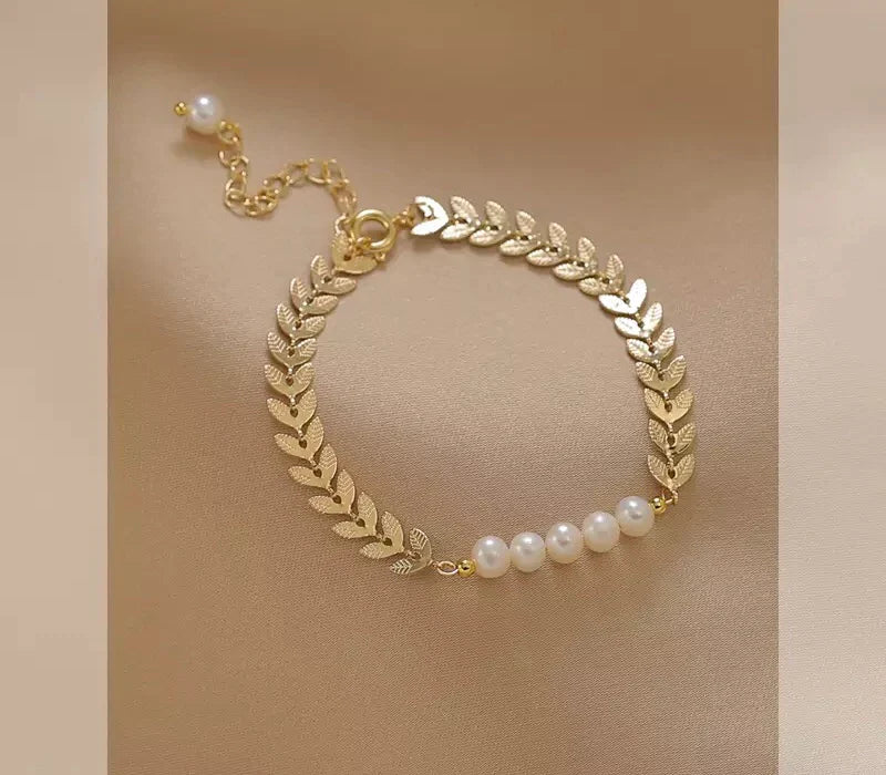Pearl Leaf Shape Wheat Ear Bracelet Pearls Stainless steel Charm Bracelets